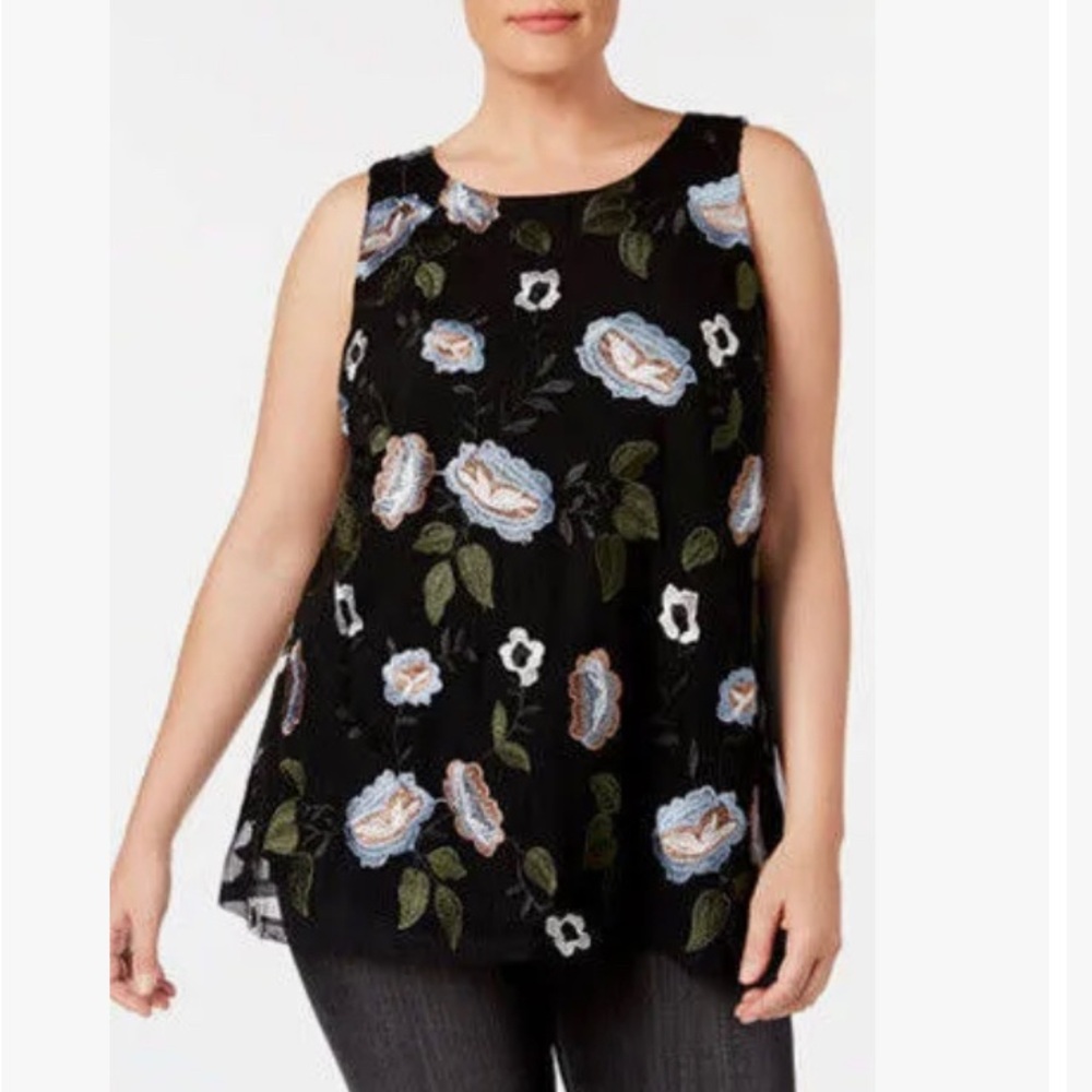 Charter Club semi sheer Black Floral Embroidered Mesh Tank Blouse Top‎
